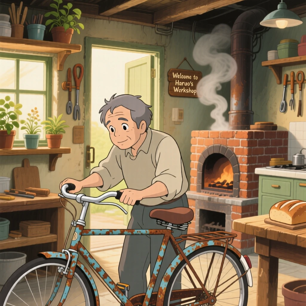 A man repairing an old bicycle in his garage, the smell of fresh bread drifting from the oven, the whole scene feeling peaceful and unhurried.