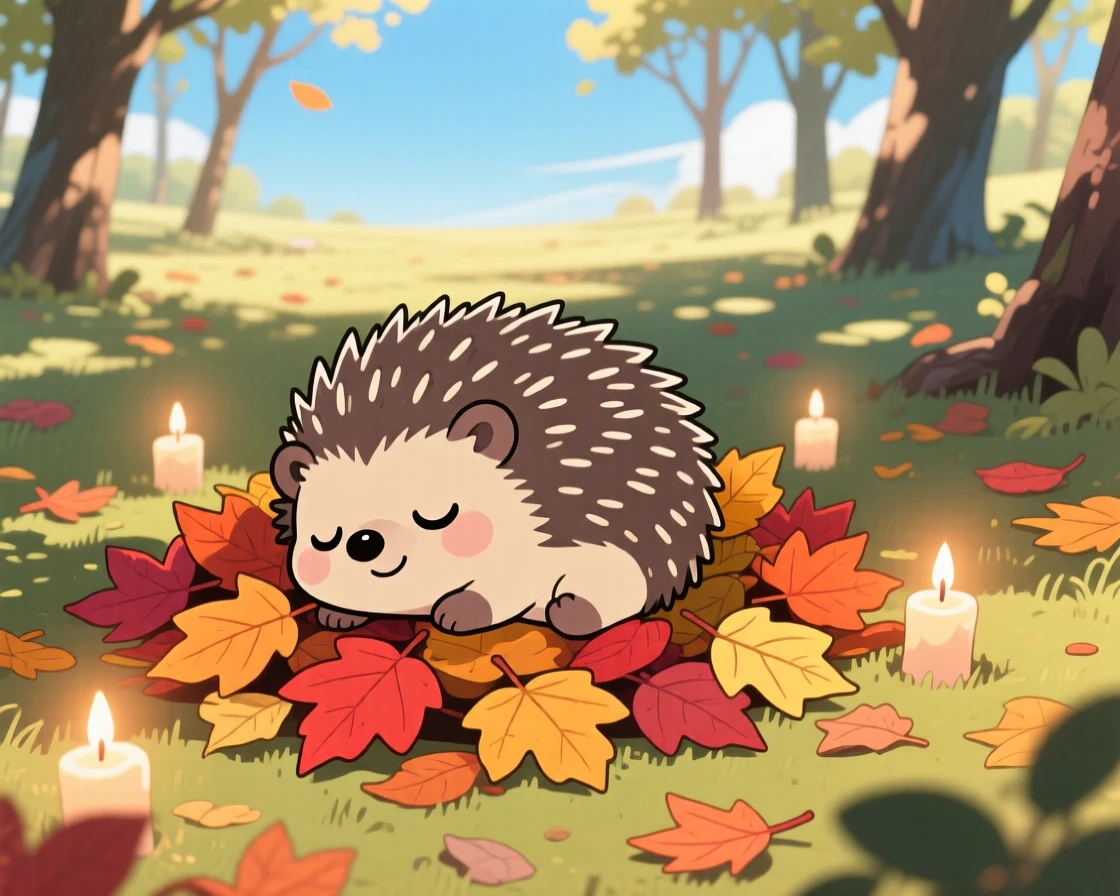 In a quiet forest floor, a tiny hedgehog is curling into a ball atop a pile of autumn leaves under a clear summer sky, bathed in gentle candlelight, expression full of quiet contentment. Shot as a bird's-eye view.