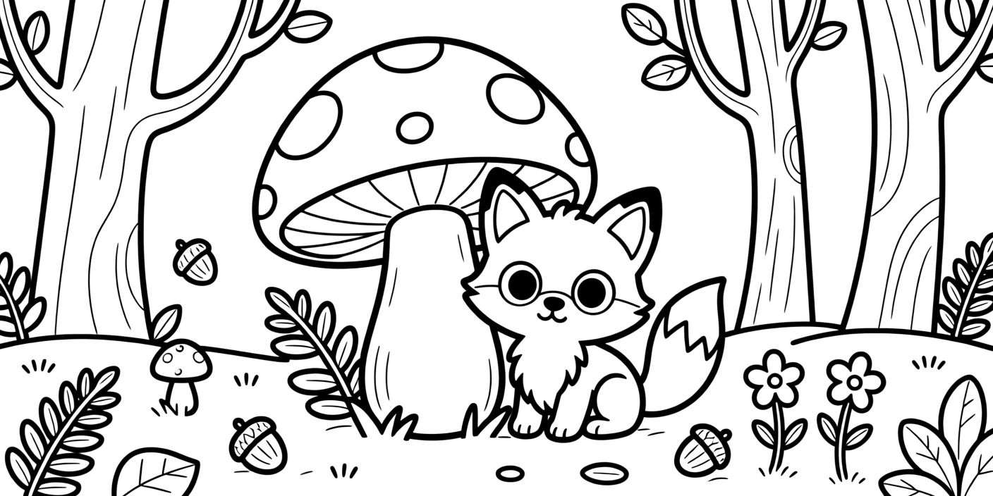 A baby fox peeking out from behind a mushroom in the forest