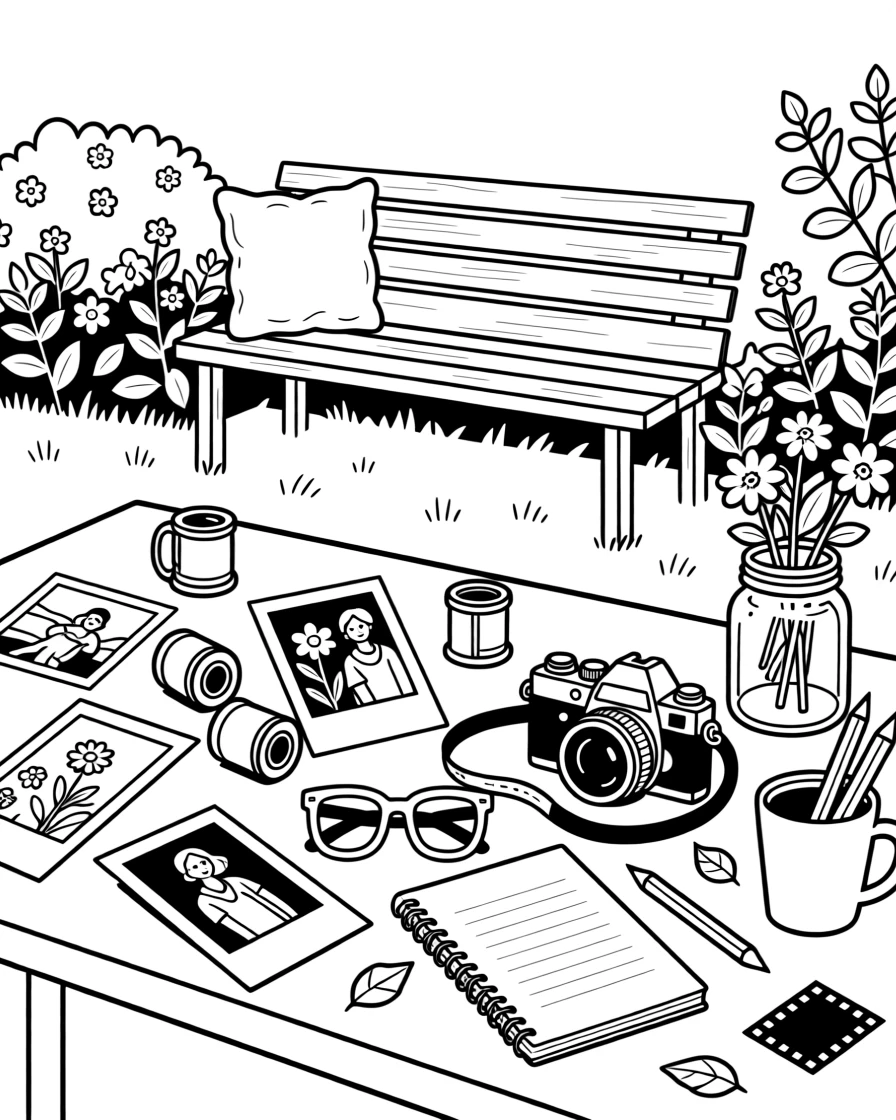 A cluttered desk with a camera, film rolls, and printed photos, with a garden bench softly visible in the background.