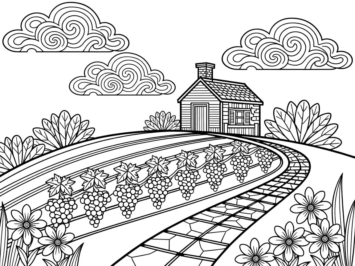 A hillside vineyard with rows of grapevines curving toward a distant farmhouse.