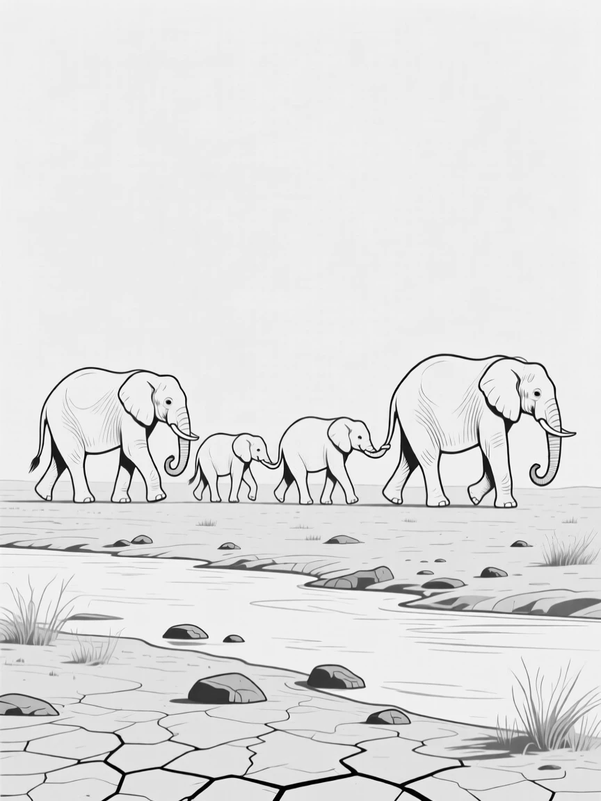 A family of elephants walking trunk to tail across a dry riverbed