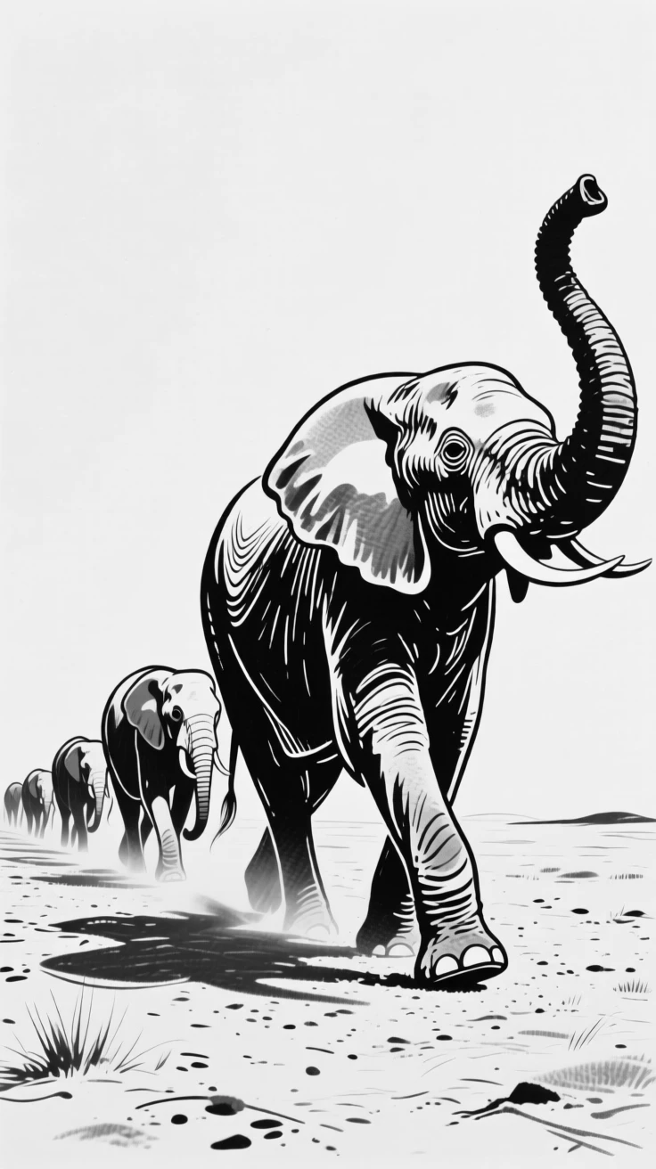 An elephant family walking in a line across a dusty plain, the matriarch leading with her trunk raised.