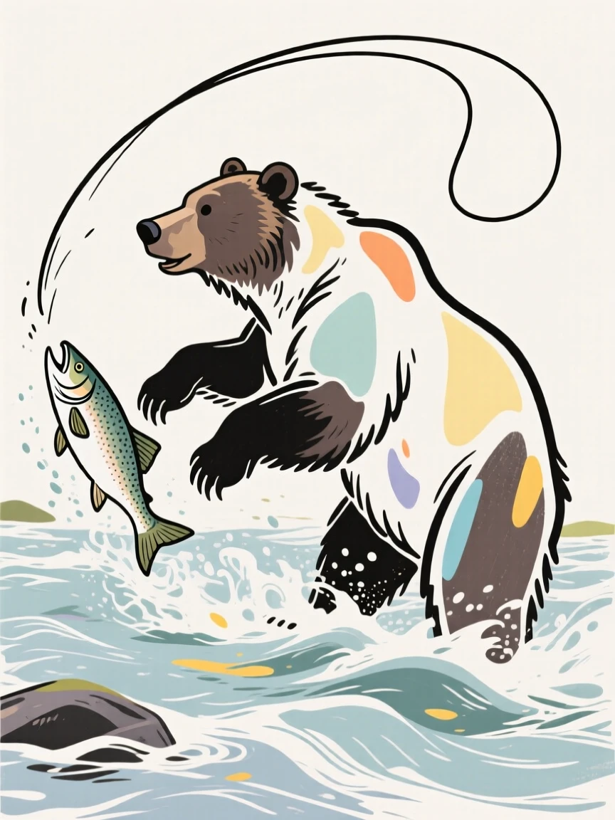 A grizzly bear standing in a rushing river catching a leaping salmon.