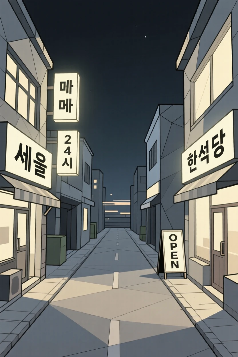 A Seoul street illuminated by glowing storefront signs