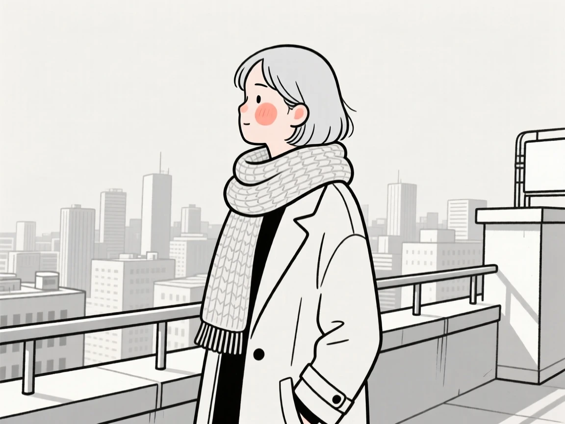 A silver-haired woman of Korean heritage in a chunky knit scarf and coat, glowing with nostalgia, on a rooftop overlooking the city.