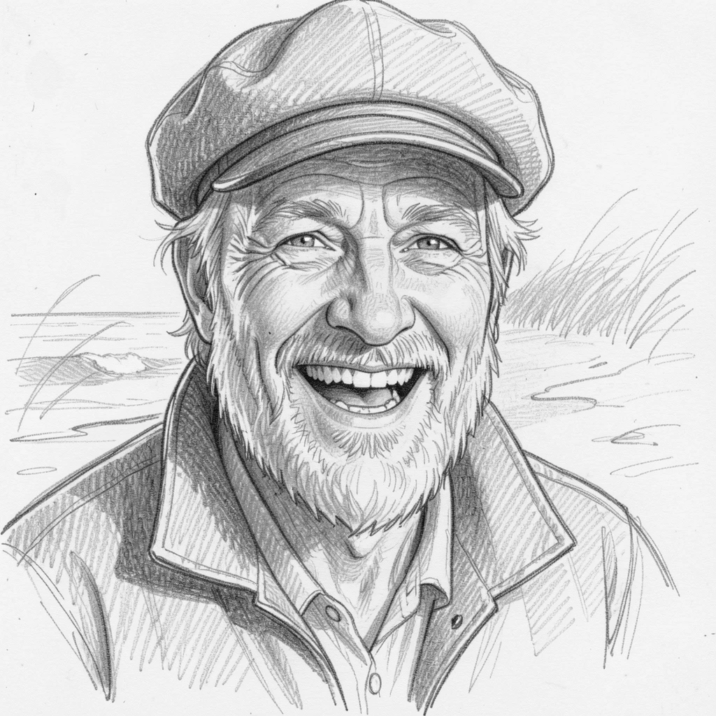 Intimate close-up of a weathered old fisherman on a windswept beach at dawn, laughing with pure delight.