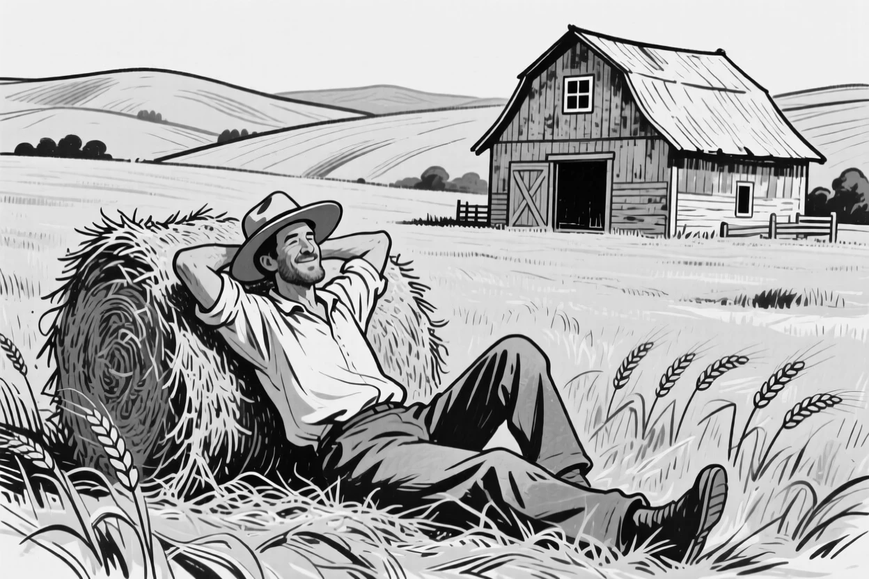 A farmer resting on a bale of hay in a golden field, hat tipped back, a distant barn and rolling hills behind him.