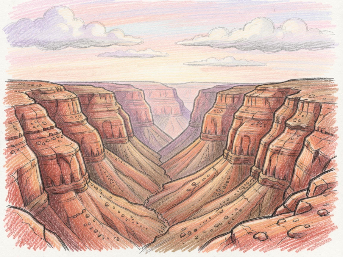 A desert canyon carved by centuries of wind and water, with soft clouds drifting across a pastel-colored sky, telling a quiet story of solitude and beauty.