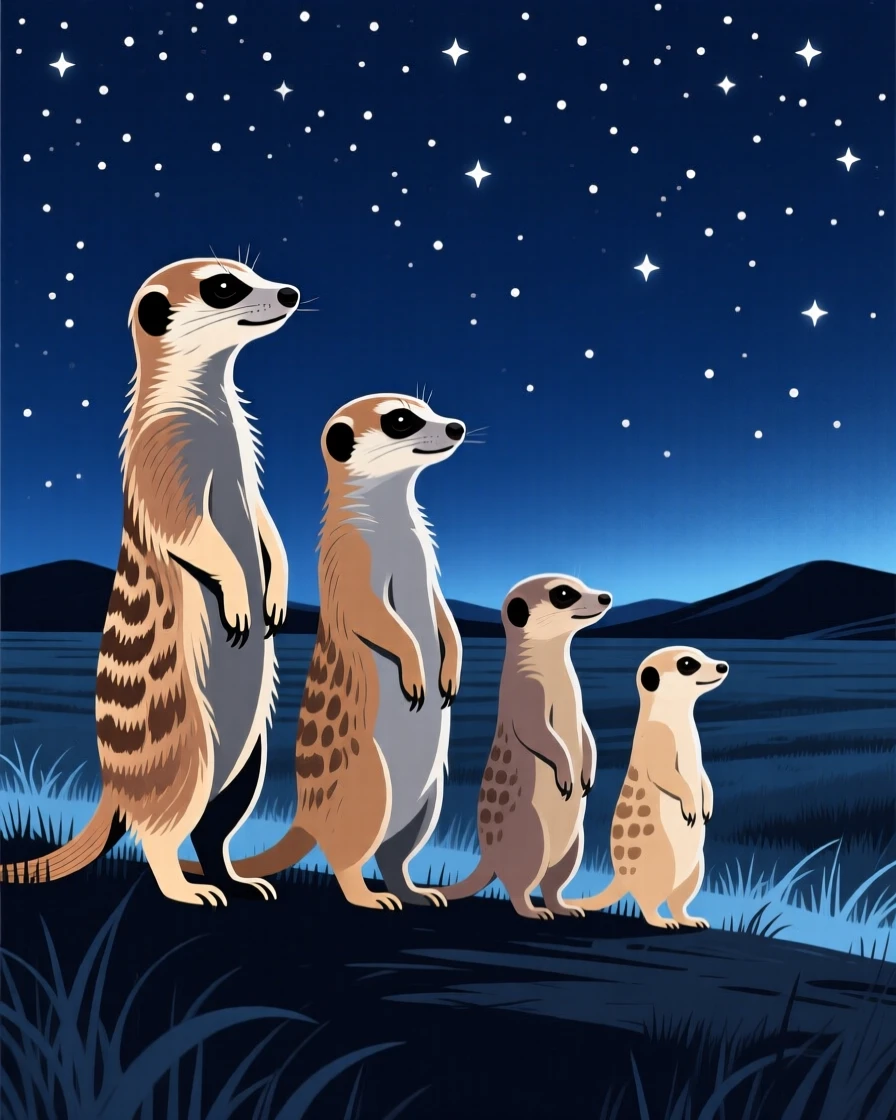 A family of meerkats standing upright on watch duty, set against a starry night sky over open plains, captured in profile with soft rim lighting, with vivid, richly saturated colors that pop.