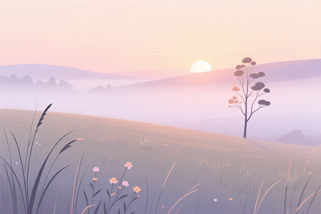 A misty open meadow at sunrise with soft light filtering through the morning fog.