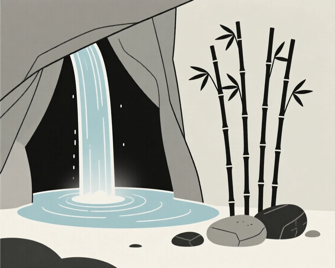 A hidden waterfall grotto, quiet and still, cradles a bamboo grove resting beside smooth river stones, capturing a feeling of untouched wilderness.