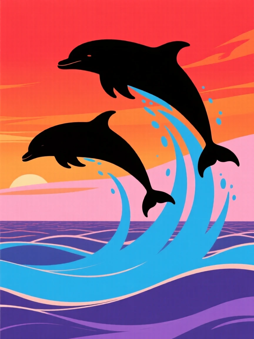 A pod of dolphins leaping in unison over rolling ocean swells, water arcing off their bodies.