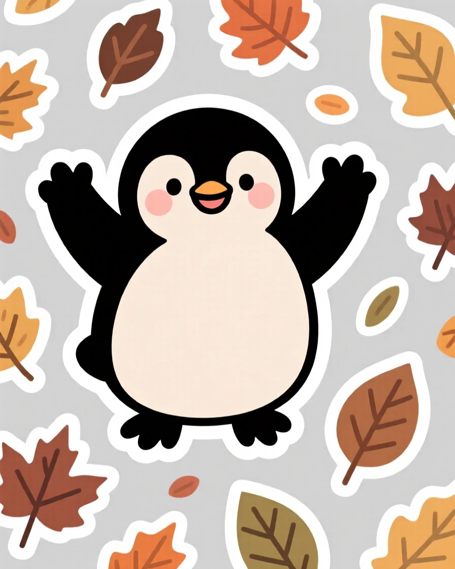 A gentle plump penguin chick waving both paws happily, among scattered autumn leaves.