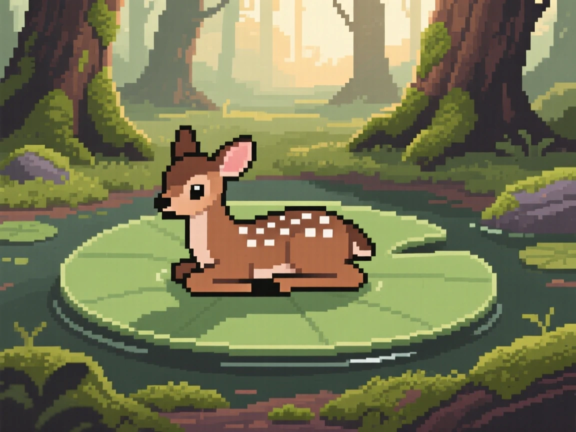 A spotted fawn floating on a lily pad, in a mossy forest clearing at dawn.