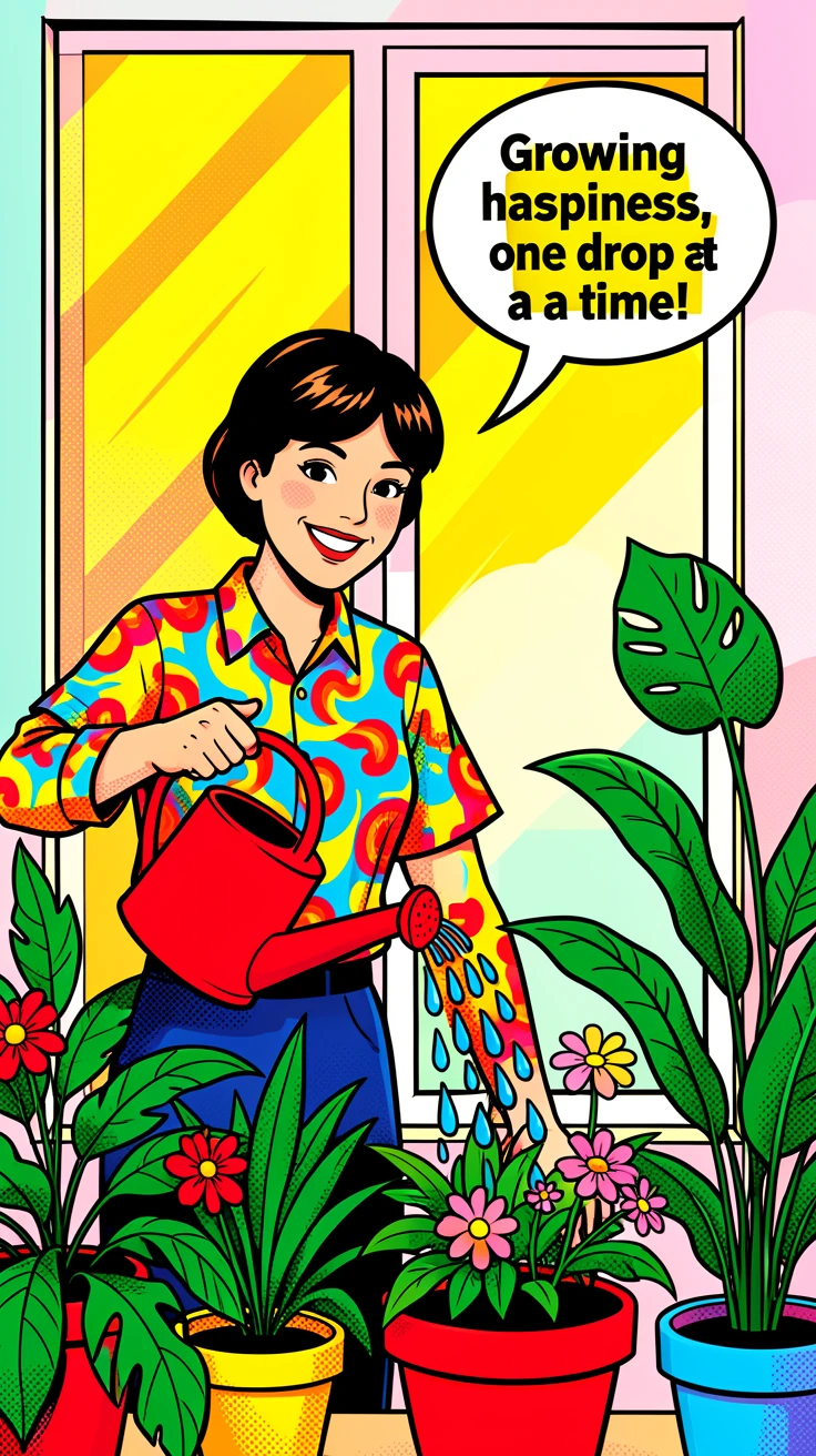A person watering houseplants in a sunlit apartment