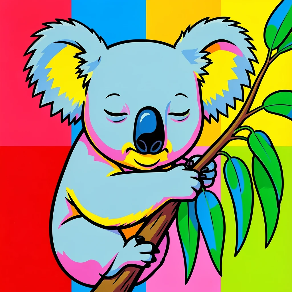 Sleepy koala hugging a eucalyptus branch