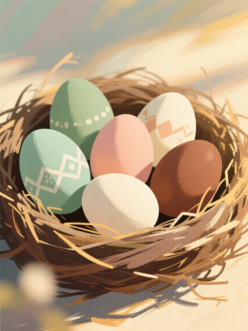 A set of hand-painted eggs arranged in a decorative nest