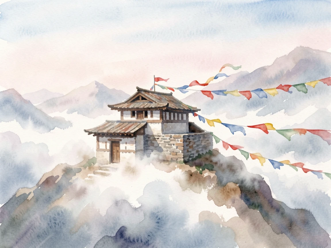 A mountaintop monastery wrapped in clouds with soft morning fog rolling through with colorful flags fluttering in the breeze.