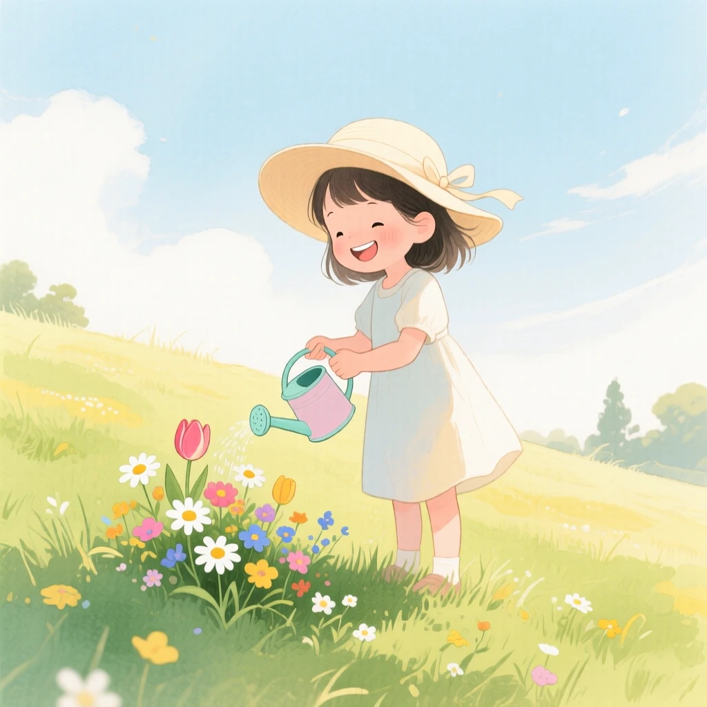 A girl in a sun hat waters flowers with a tiny can on a grassy hillside, laughter and joy filling the warm afternoon air