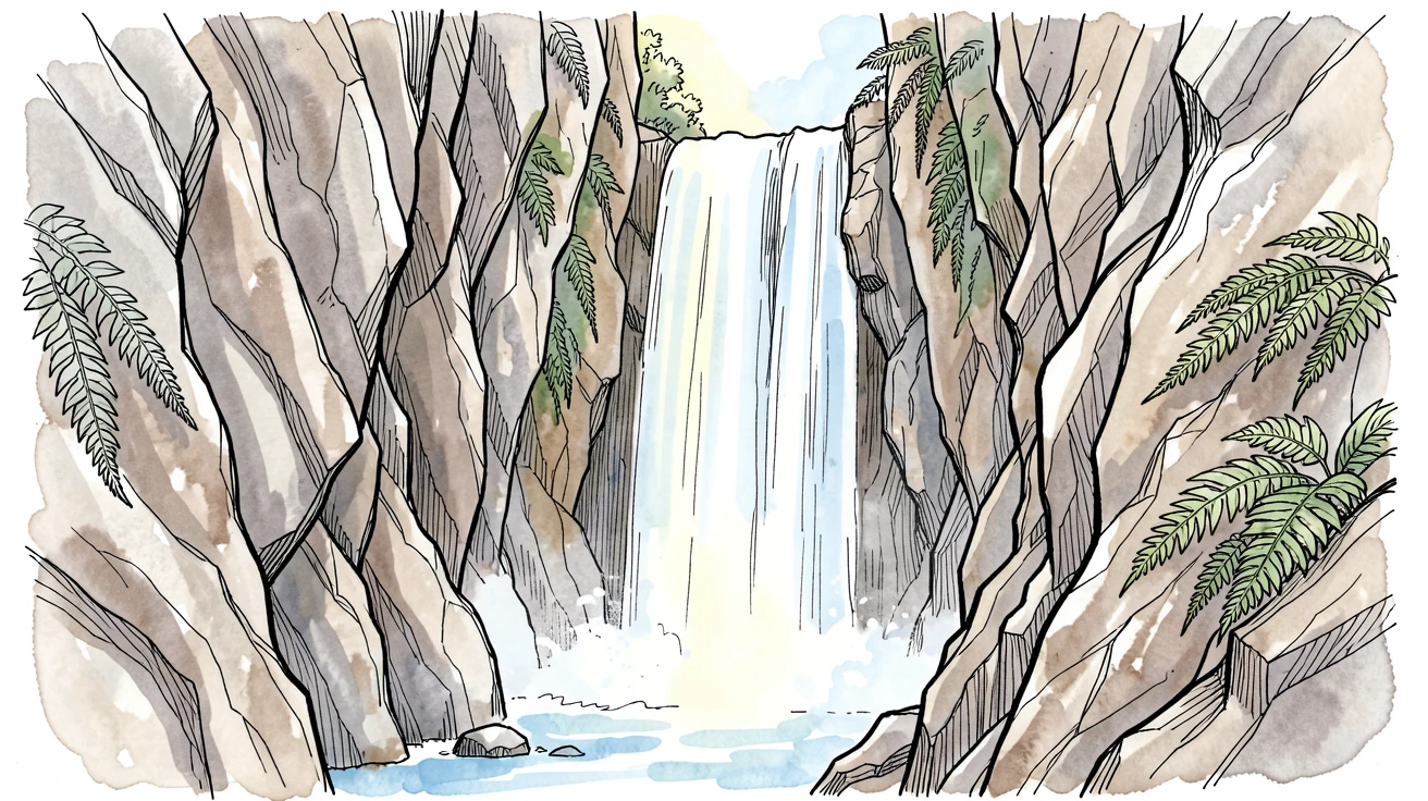 A waterfall tumbling through a narrow rocky gorge, spray catching the light, ferns clinging to the wet stone walls