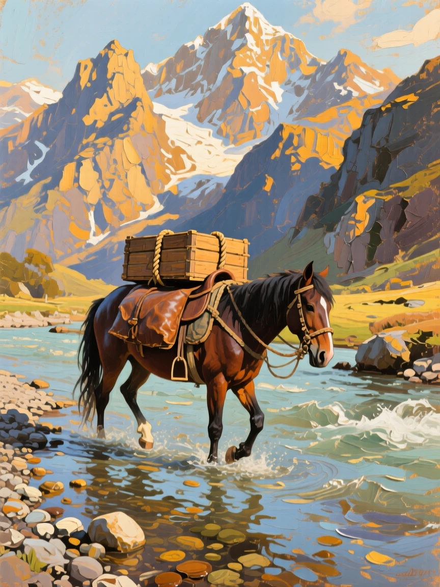 a pack horse crossing a shallow river beneath towering peaks, during a quiet late afternoon, composed along a natural leading line.