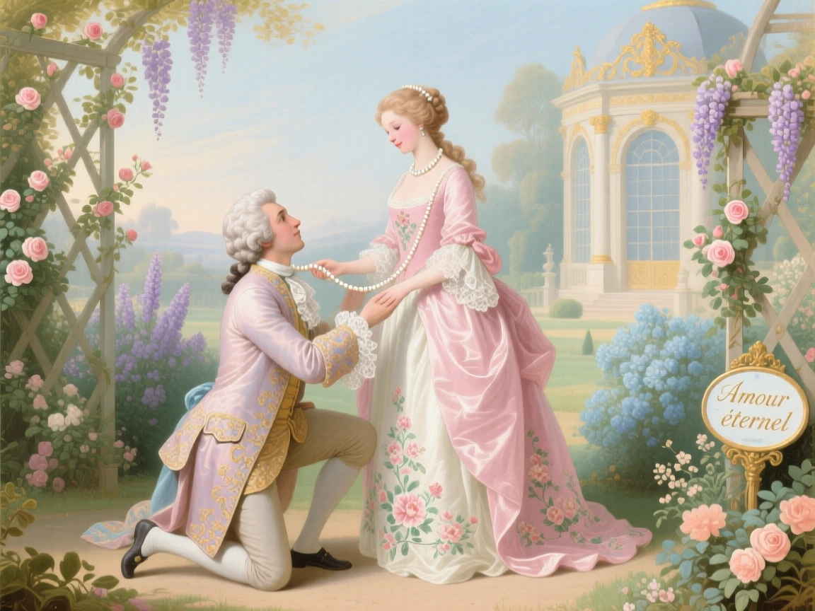 A prince kneeling to place a pearl necklace around his bride’s neck  