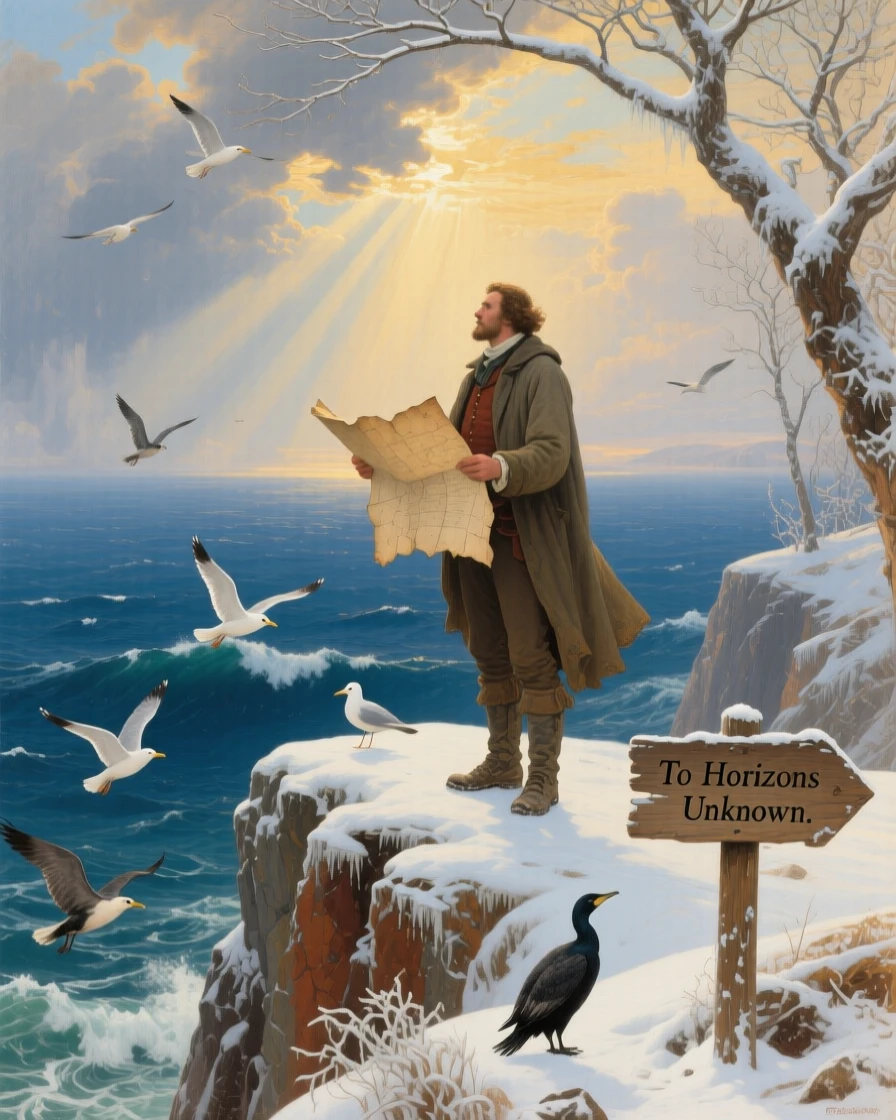 In winter stillness, A solitary traveler on a high coastal cliff, holding a weathered map as seabirds wheel below, surrounded by a vast storm-cleared ocean, sunbeams breaking through distant clouds; frosted branches frame the scene like a natural arch, the solitude feels peaceful rather than lonely.
