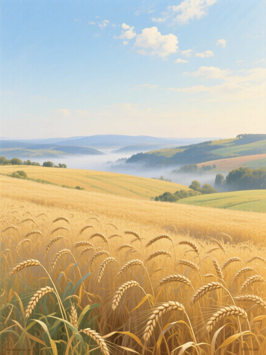 A golden wheat field rippling under a wide open summer sky, with morning mist clinging to the surrounding valleys, radiating tranquility and the timeless beauty of the natural world