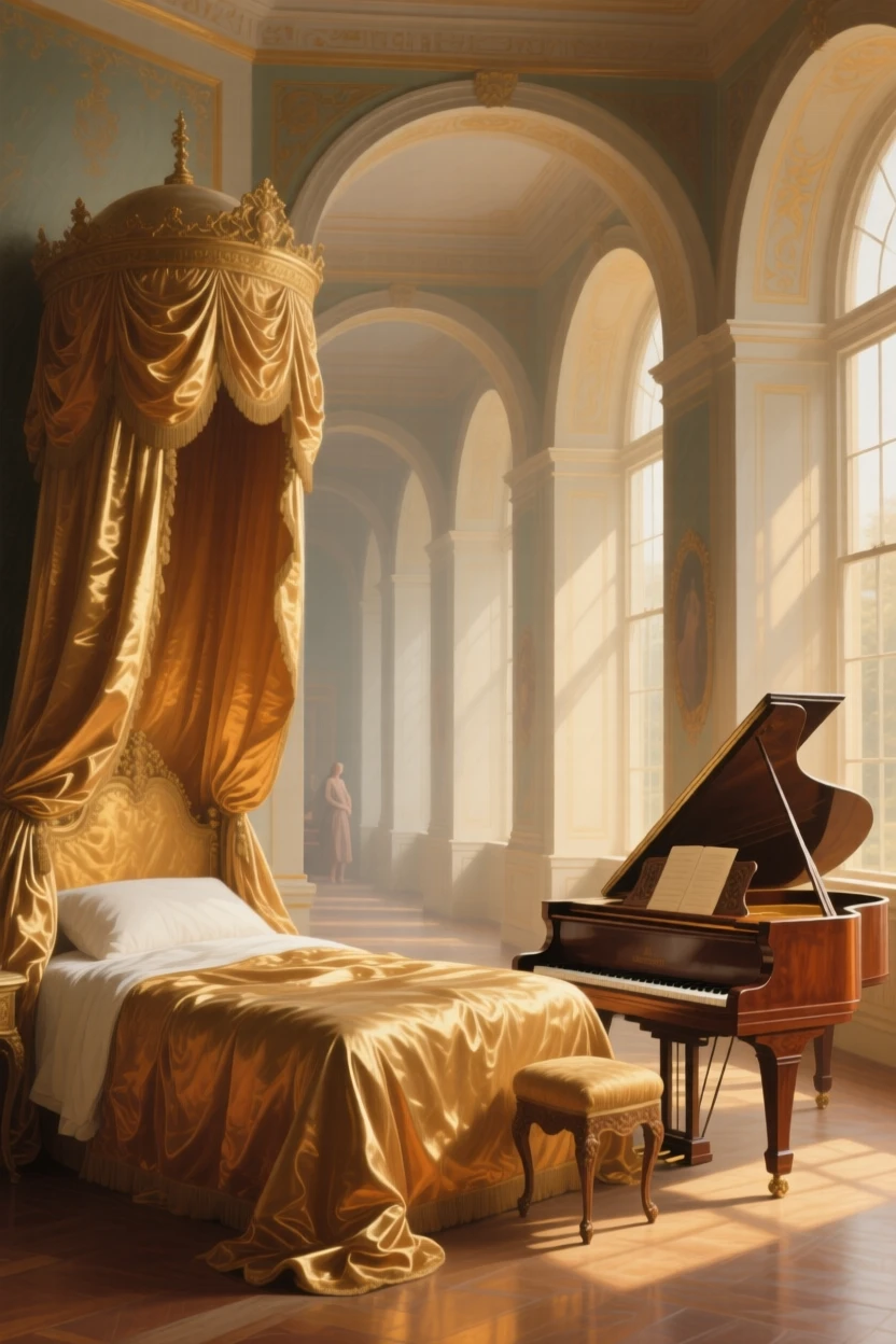A royal bedchamber with silk draperies and a canopied bed standing empty in the golden hush of late afternoon, set within a palace built for generations of nobility, with a single grand piano standing beneath a shaft of window light; symmetry and repetition of arches create a sense of timeless order, evoking timeless grandeur and quiet reverence.