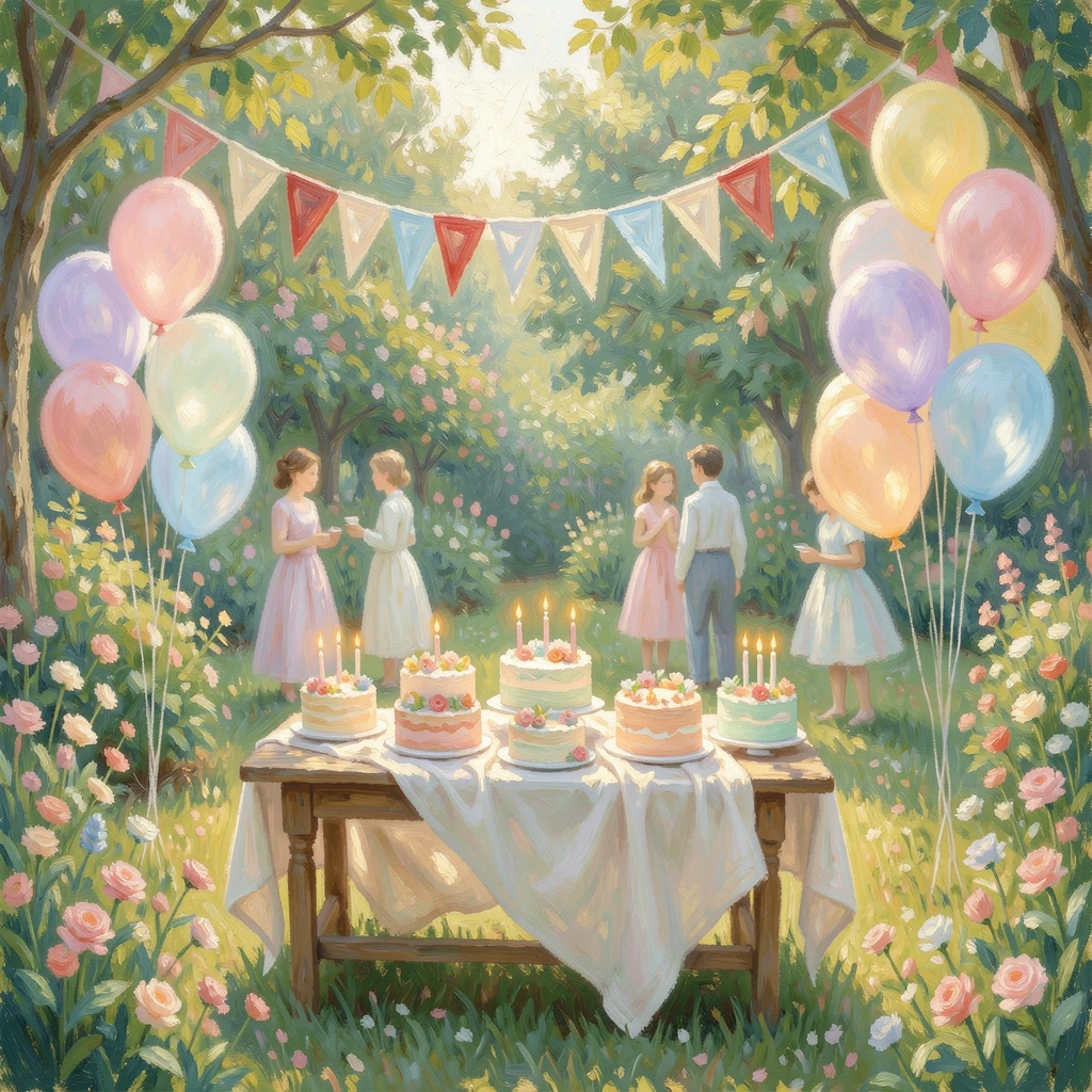 A birthday celebration in a garden filled with balloons, bunting, and a table of colorful cakes.