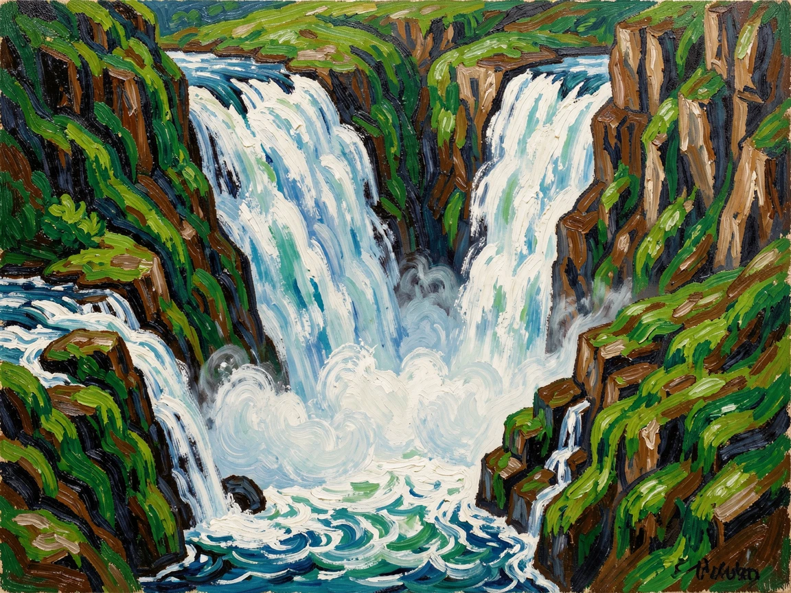 A dramatic waterfall plunging into a moss-covered gorge, mist rising where the water meets the rocks below.