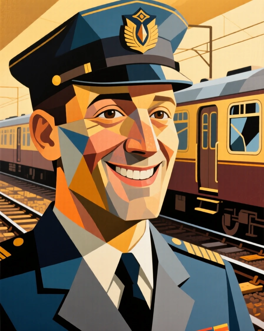 A tender close-up study of a train conductor smiling gently in the golden hush of late afternoon.