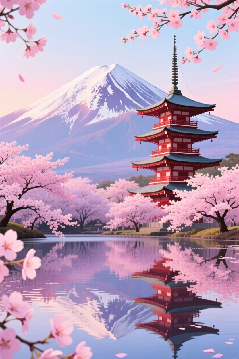 Mount Fuji stands perfectly symmetrical above a foreground of blooming cherry blossoms, a five-story pagoda visible among the pink branches, and a calm lake mirroring the snow-dusted cone under a soft pastel morning sky.