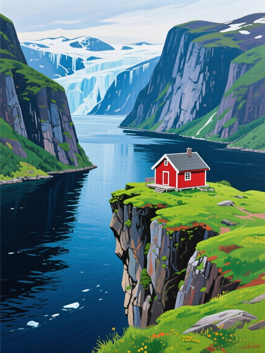An icy fjord in Norway with sheer cliffs rising from dark water, a tiny red cabin perched on a green ledge above