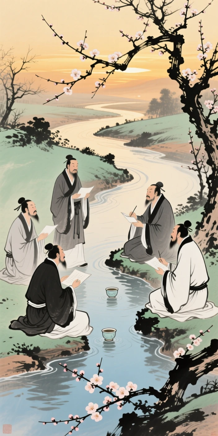 A gathering of poets composing verses beside a winding stream, cups floating between them, conveying a deep sense of harmony with nature, in the last golden light of day, as the last plum blossoms cling to bare branches.