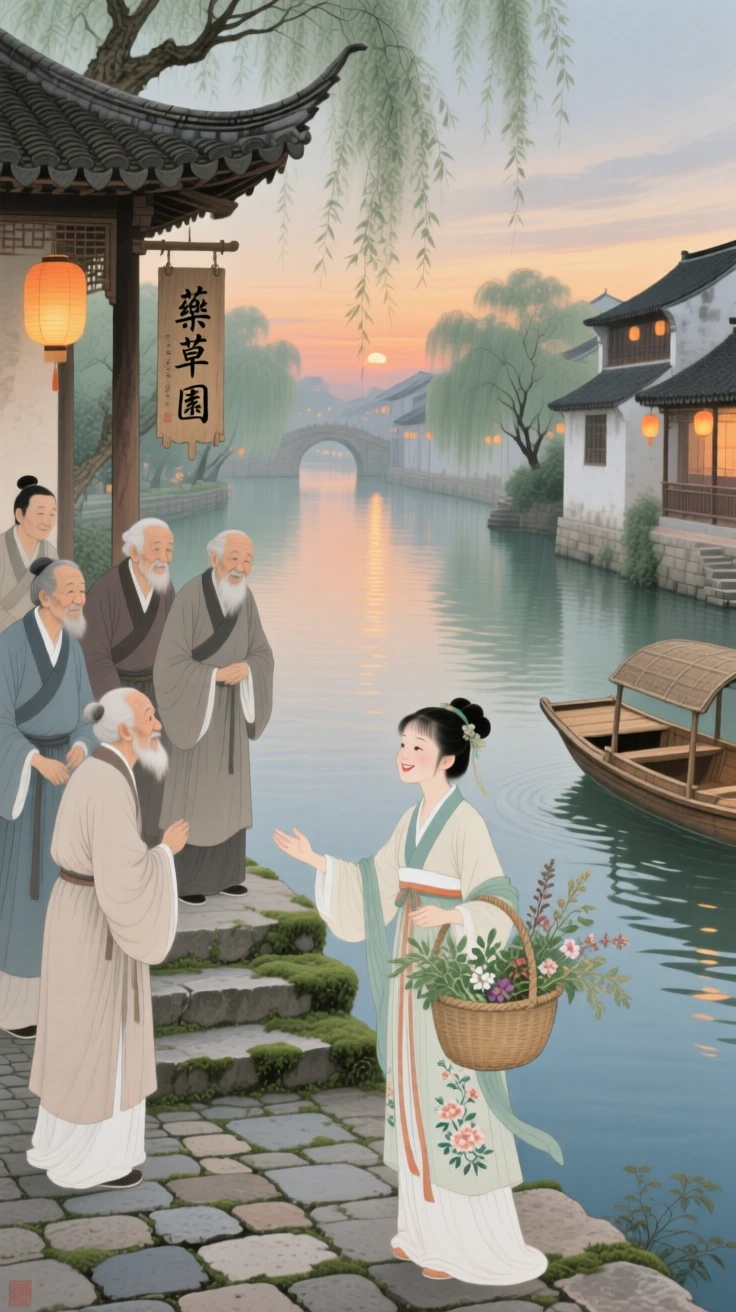 A young herbalist greeting old friends after years apart beside a slow-moving canal at dusk