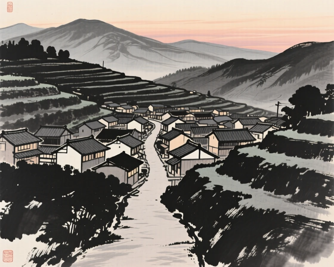 A terraced hillside town at dusk against a backdrop of distant mountains, framed symmetrically along a central path, carrying a sense of sacred stillness.