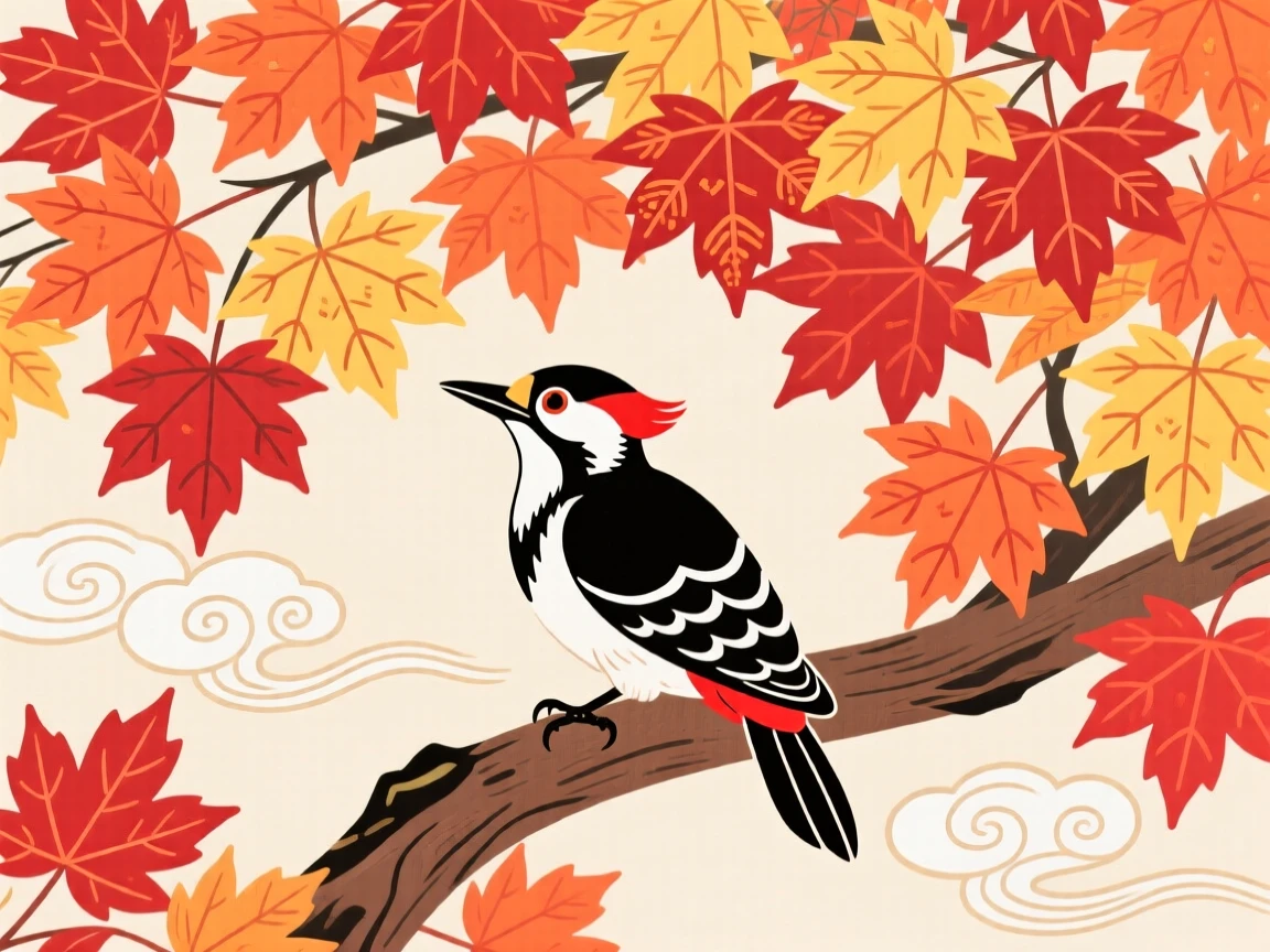 A woodpecker perched beneath a canopy of autumn maple leaves, on a crisp autumn morning.