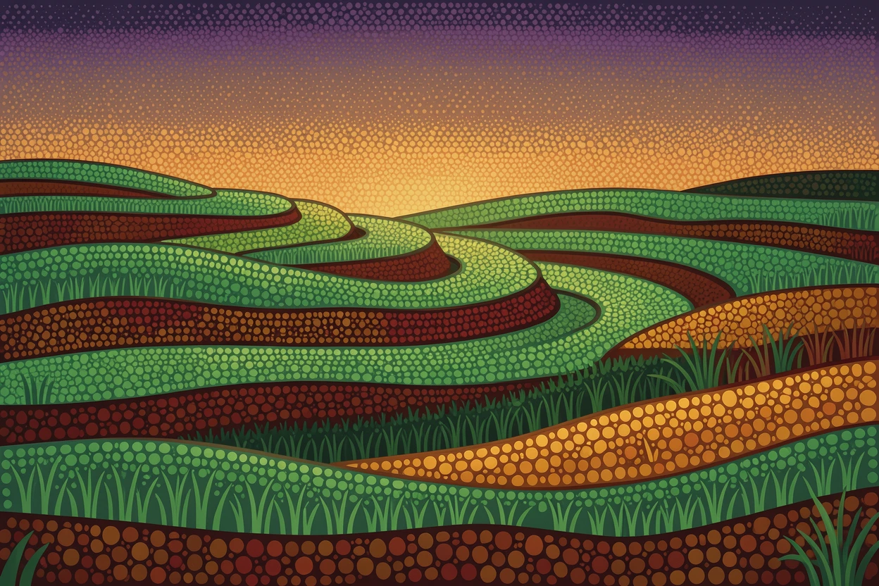 An emerald rice terrace lit by the last light of day