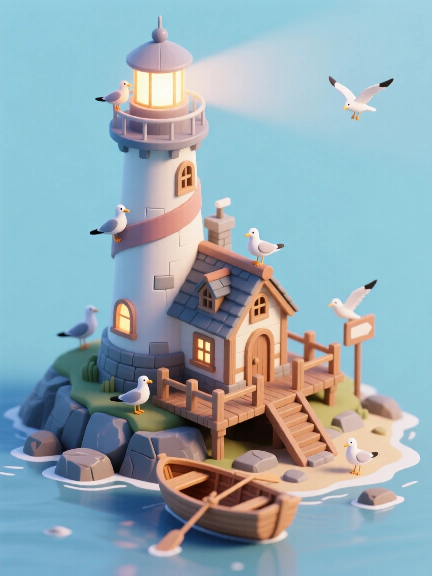 A lighthouse keeper's cottage attached to a spiral tower, with a rowboat pulled up on the rocky shore, seagulls perched on the railing, and a lantern glowing at the very top.
