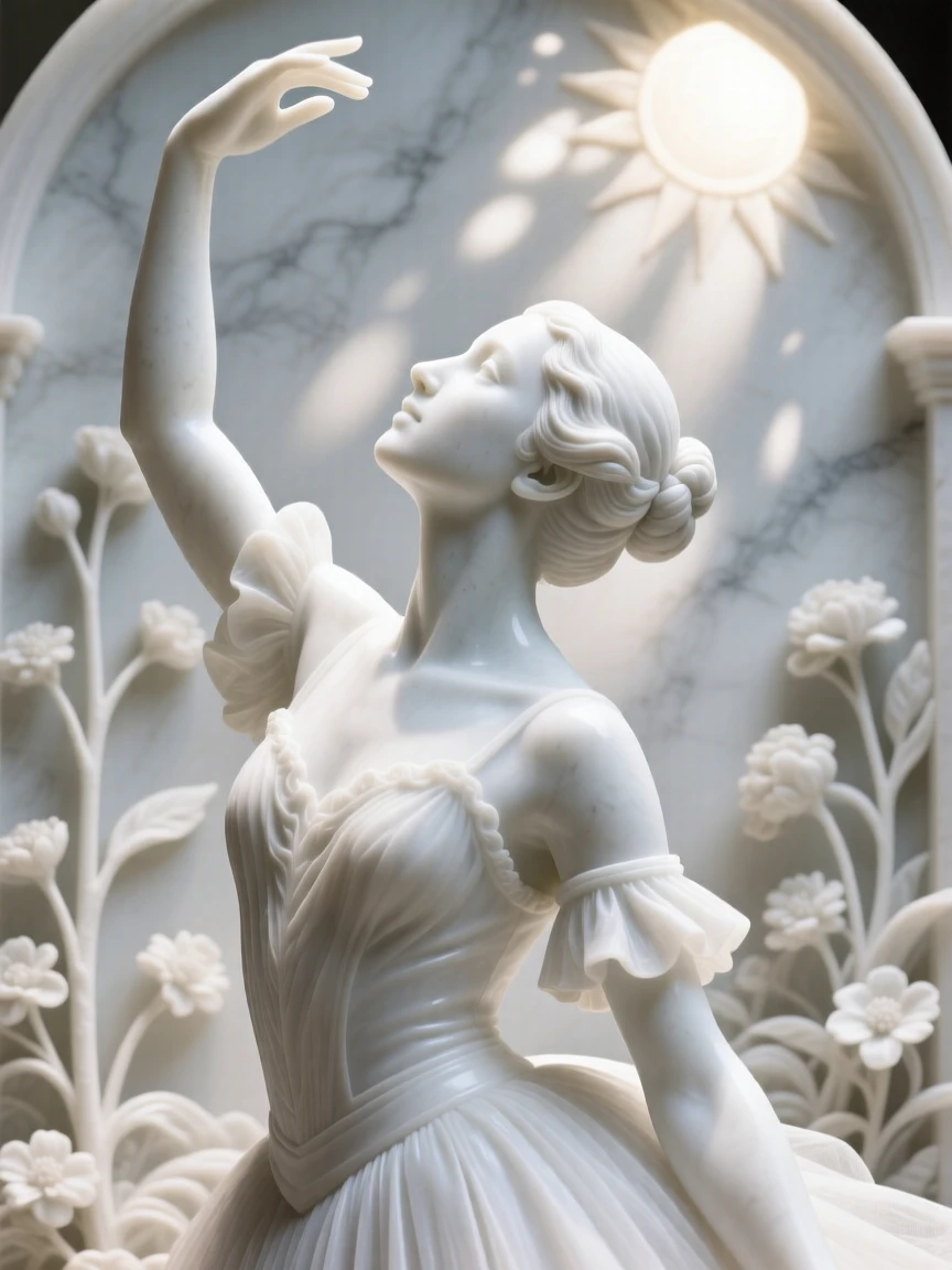 A close-up portrait of a graceful ballerina, reaching upward toward the light, in a sunlit garden, radiating quiet emotion and dignity