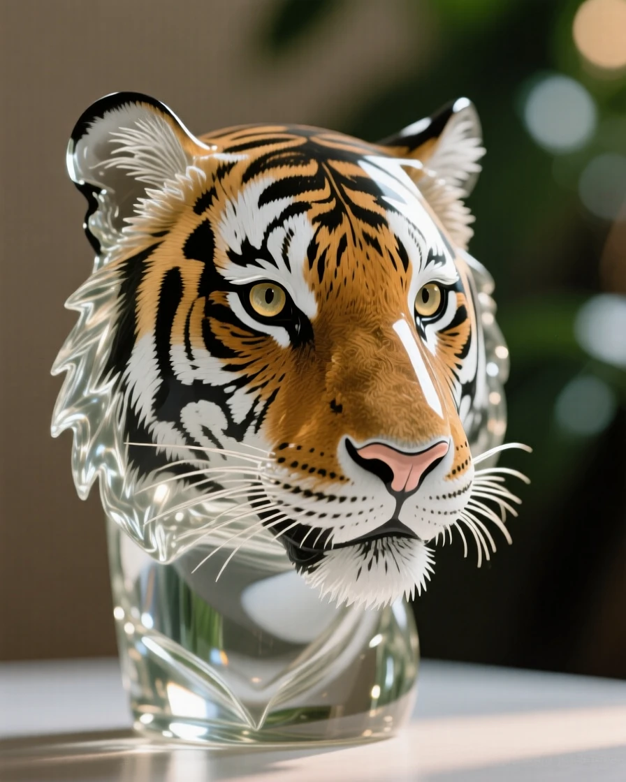 A close-up portrait of a bengal tiger, its eyes sharp and expressive, framed by soft bokeh foliage, radiating quiet dignity.