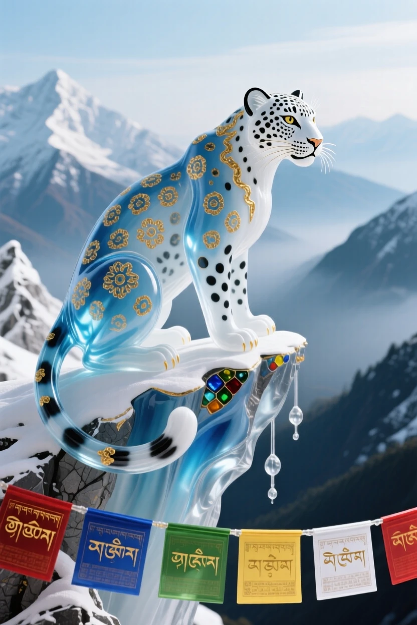 A snow leopard perched on a jagged mountain ledge, gazing over a misty Himalayan valley, solitary and majestic, tiny prayer flags fluttering below.