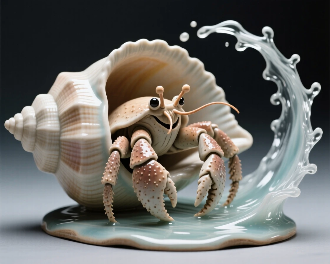 A hermit crab peeking from a spiral shell breaching in a dramatic arc of spray, with light rippling across its skin, radiating playful, gentle joy.