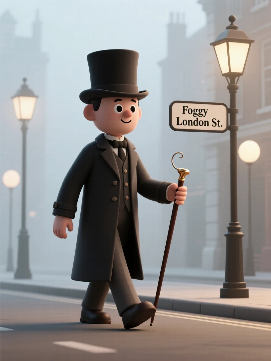 A Victorian-era gentleman in a top hat and tailored coat strolls through a foggy London street, twirling a polished cane between his fingers.