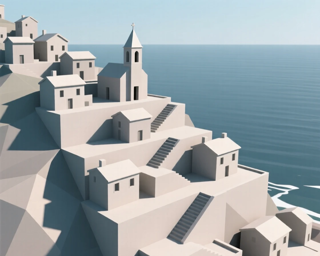 A terraced hillside town overlooking the sea, glowing warmly at sunset. the framing draws the eye along a natural leading line. The place feels steeped in history.