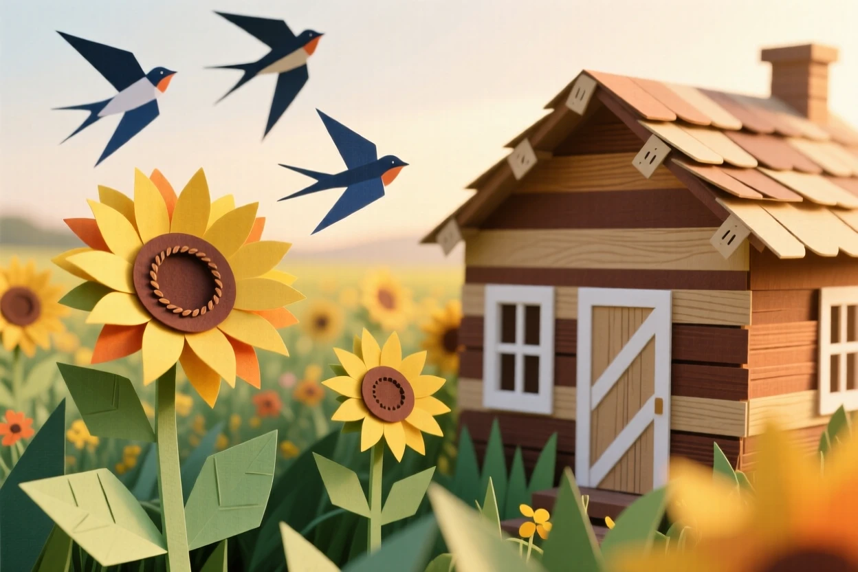 A field of wild sunflowers turning to face the morning sun, a wooden farmhouse visible in the distance, swallows darting through the golden light, evoking the warmth and abundance of a summer countryside.