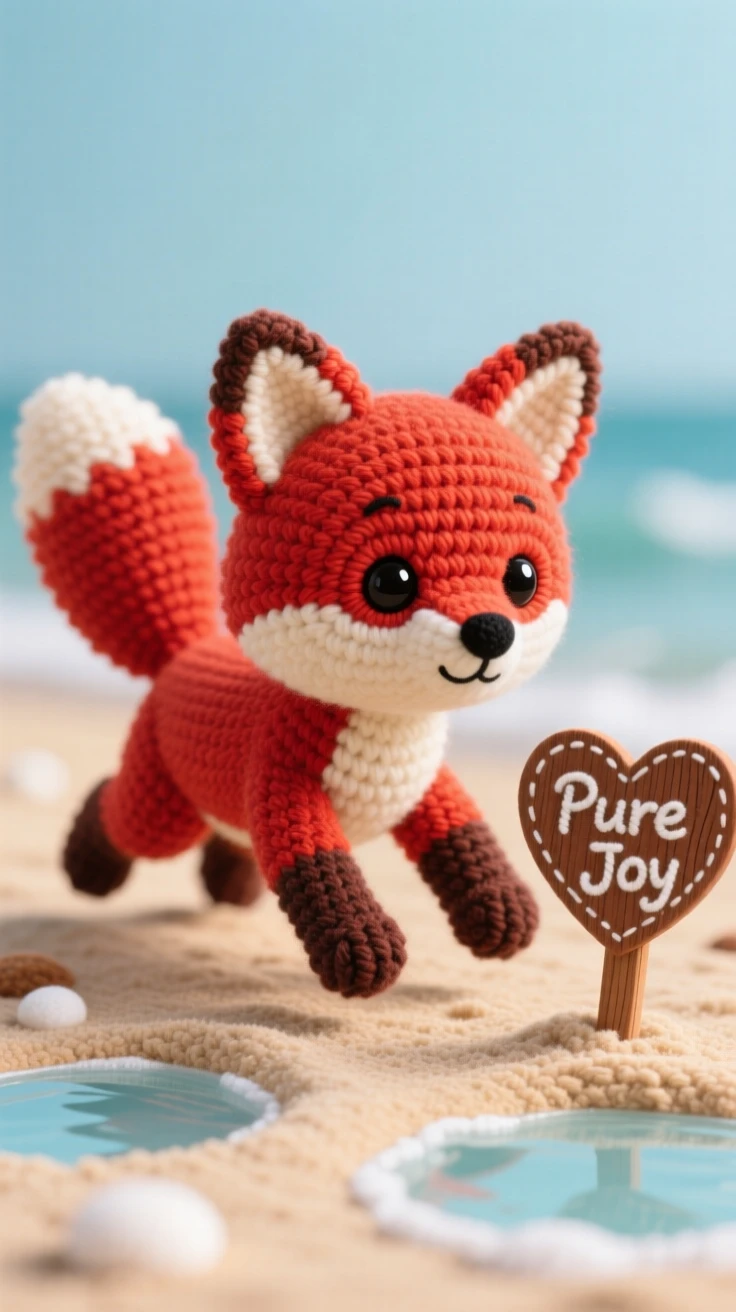 a small red fox kit, with a bushy tail and pointed ears, pouncing playfully with front paws forward, set in a sandy beach at low tide, with a little wooden sign shaped like a heart, evoking a moment of pure innocent joy.
