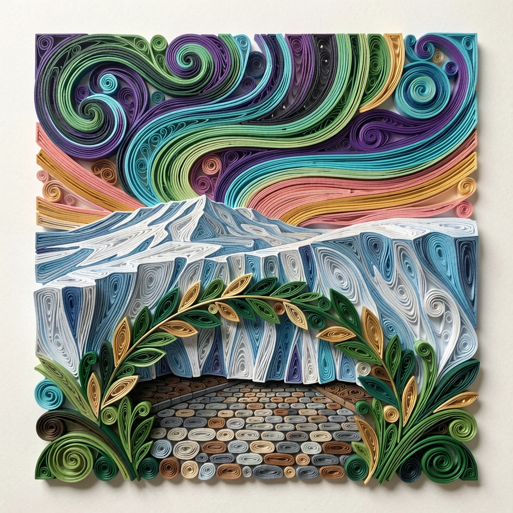 the Northern Lights dancing above an Icelandic glacier, beside a quiet cobblestone street, framed within a natural archway of foliage, in warm golden and rose-colored sunset tones.